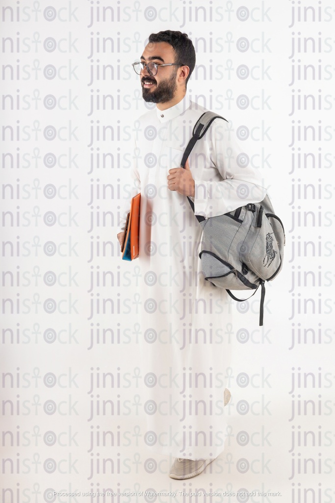 a khaliji saudi student gulf man with backpack side position stock image