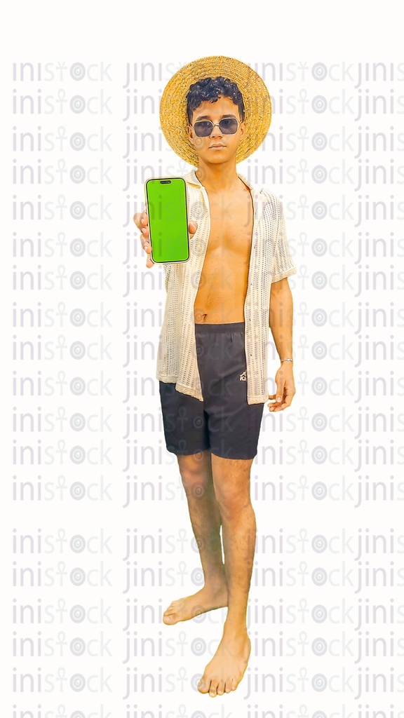 A man wearing a sea outfit, and recommending using the Mobile app or something that can have its image placed on the mobile phone. This photo expresses summer vibes