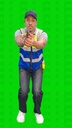 Security man wearing his work uniform, holding a gun in his hand, and walking