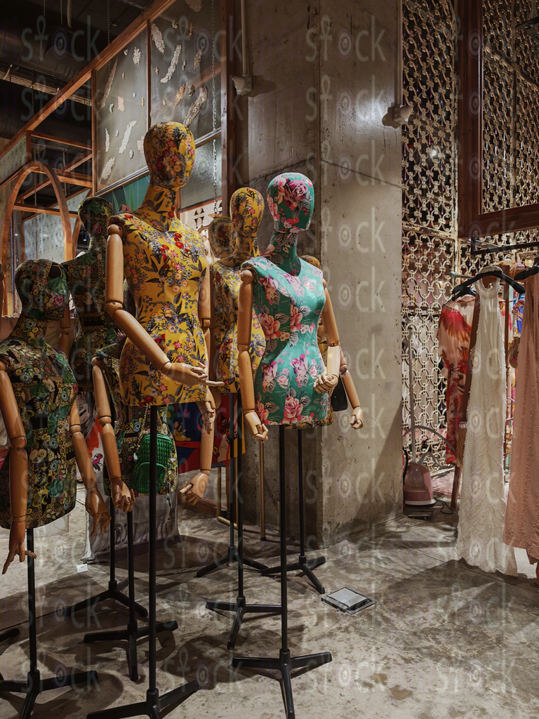 Fashion displays on floral wooden mannequins