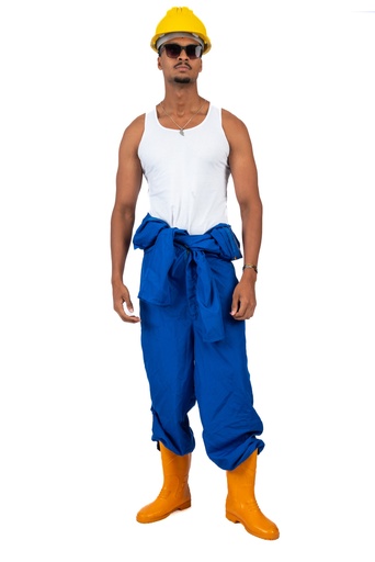 Egyptian worker wearing a blue suit and a yellow hat on his head