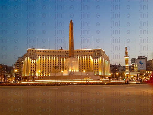 The obelisk, Rams, Tahrir Complex, Omar Makram Mosque in Tahrir Square, Cairo, Egypt, and the Street were empty of cars, use as a background for designs on Cairo streets.
