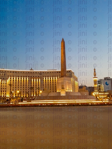 The obelisk, Rams, Tahrir Complex, Omar Makram Mosque in Tahrir Square, Cairo, Egypt, and the Street were empty of cars, use as a background for designs on Cairo streets.