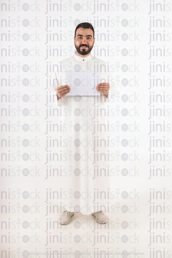 a khaliji saudi man from gulf holding a white blank sign stock image with high quality