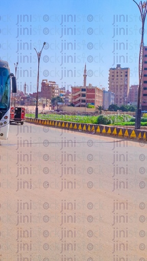 شارع بدون سيارات أو حافلات تمر به في الريف المصرى وفى خلفية الصورة مزرعة او حديقة ومبانى و مدرسه