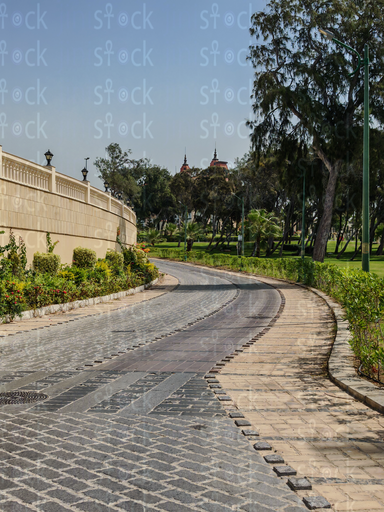 Curved Garden Road Framed by Tall Palms 